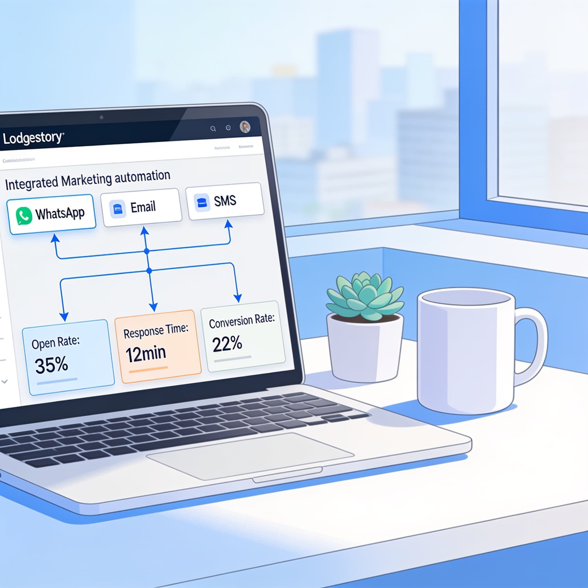 Laptop showing unified marketing dashboard with multiple communication channels and engagement analytics