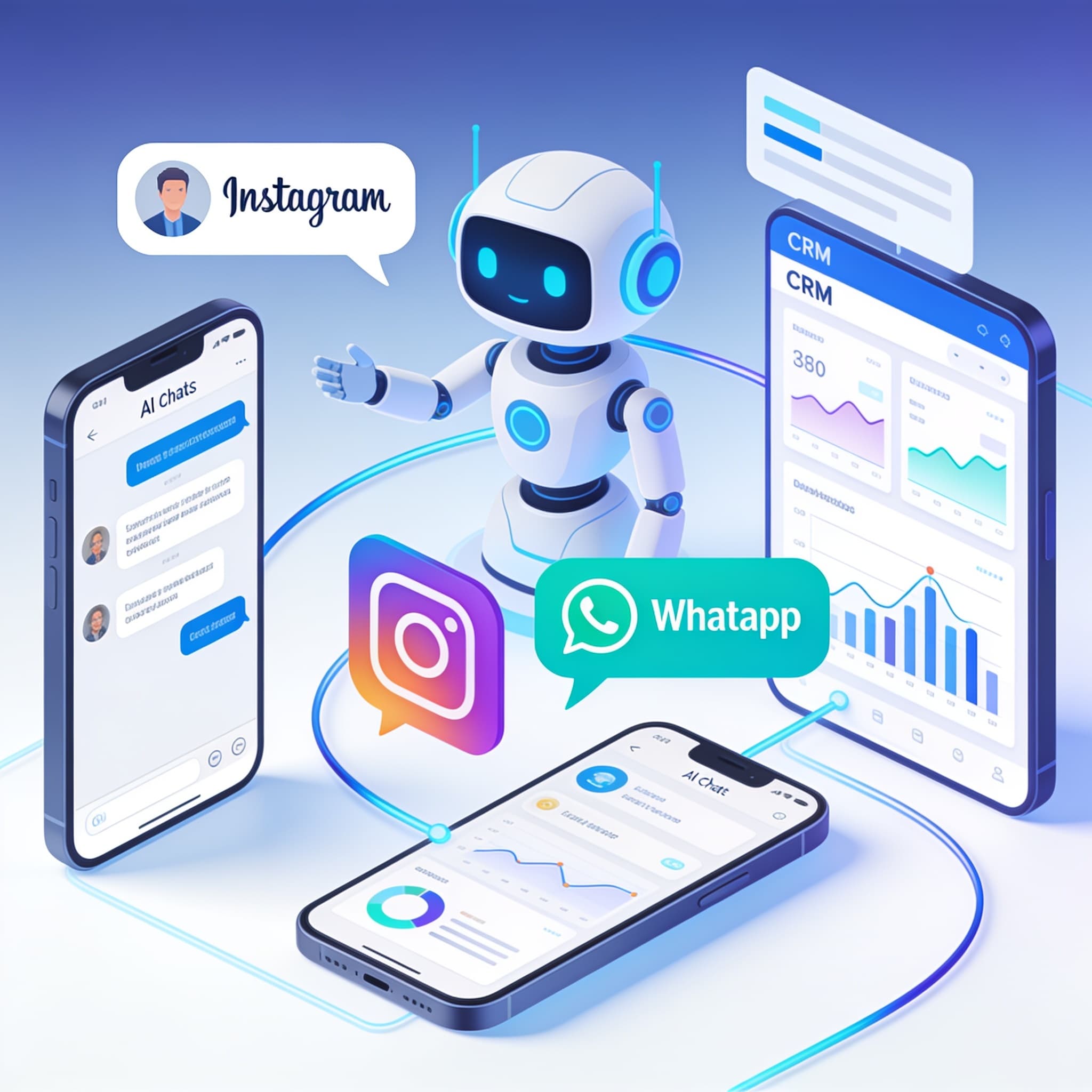 Modern header illustration showing AI chatbots automating lead qualification on Instagram and WhatsApp.
