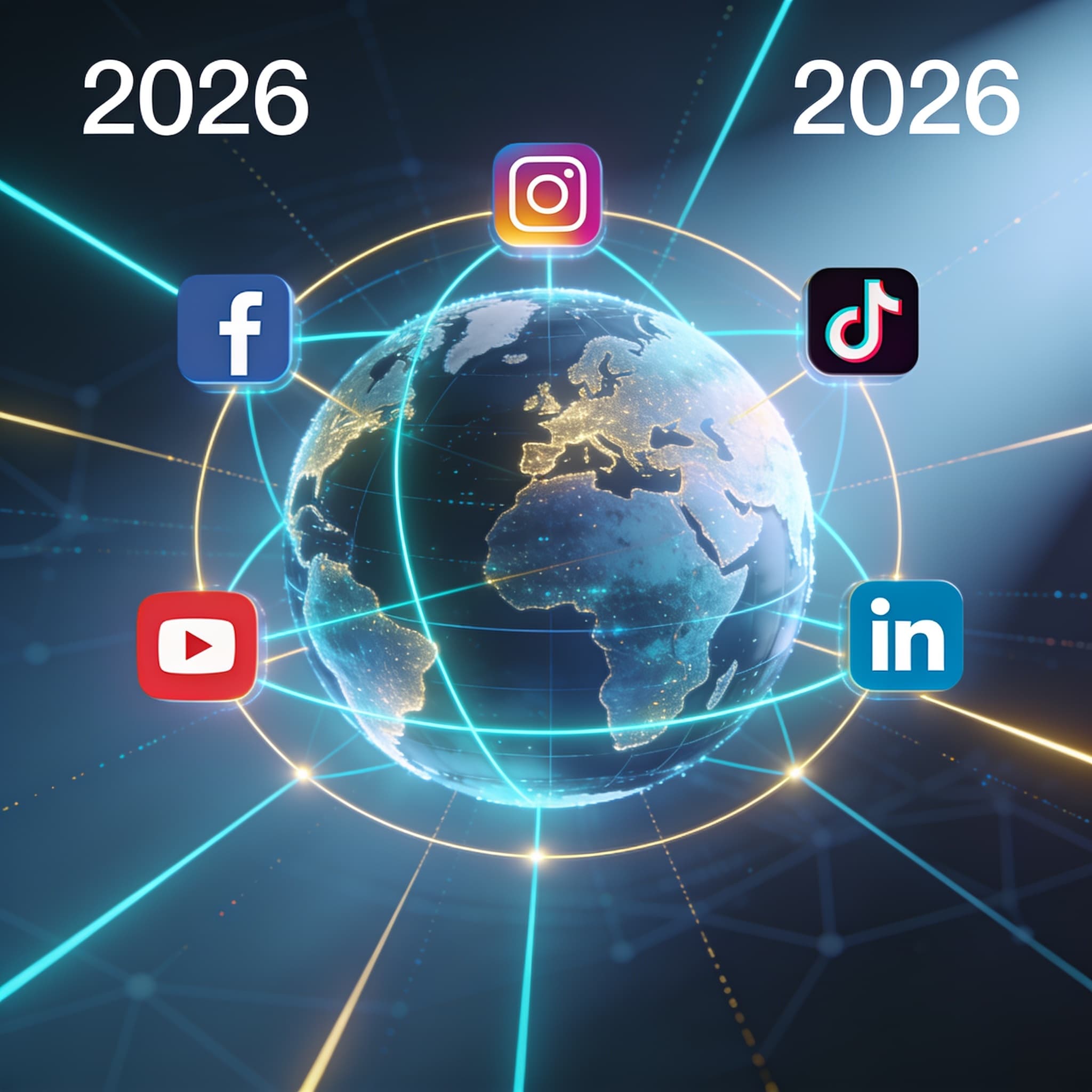 Global network showing interconnected social media platforms and data analytics visuals representing 2026 digital trends