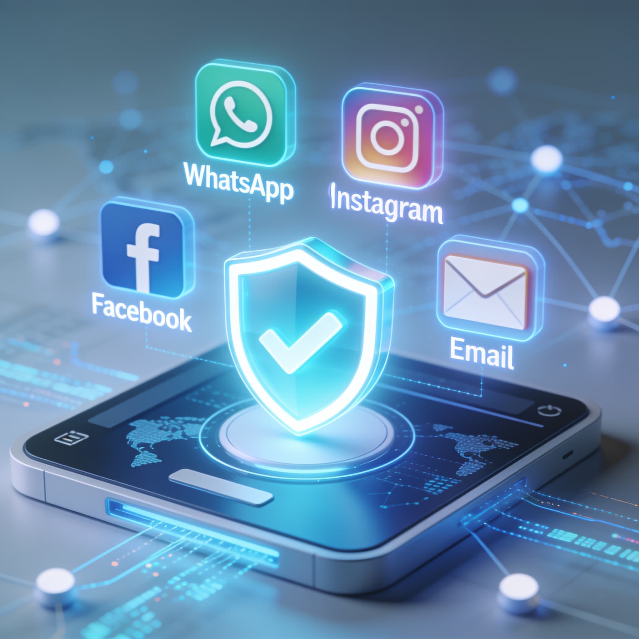 Futuristic secure social media management interface protected by a glowing digital shield.