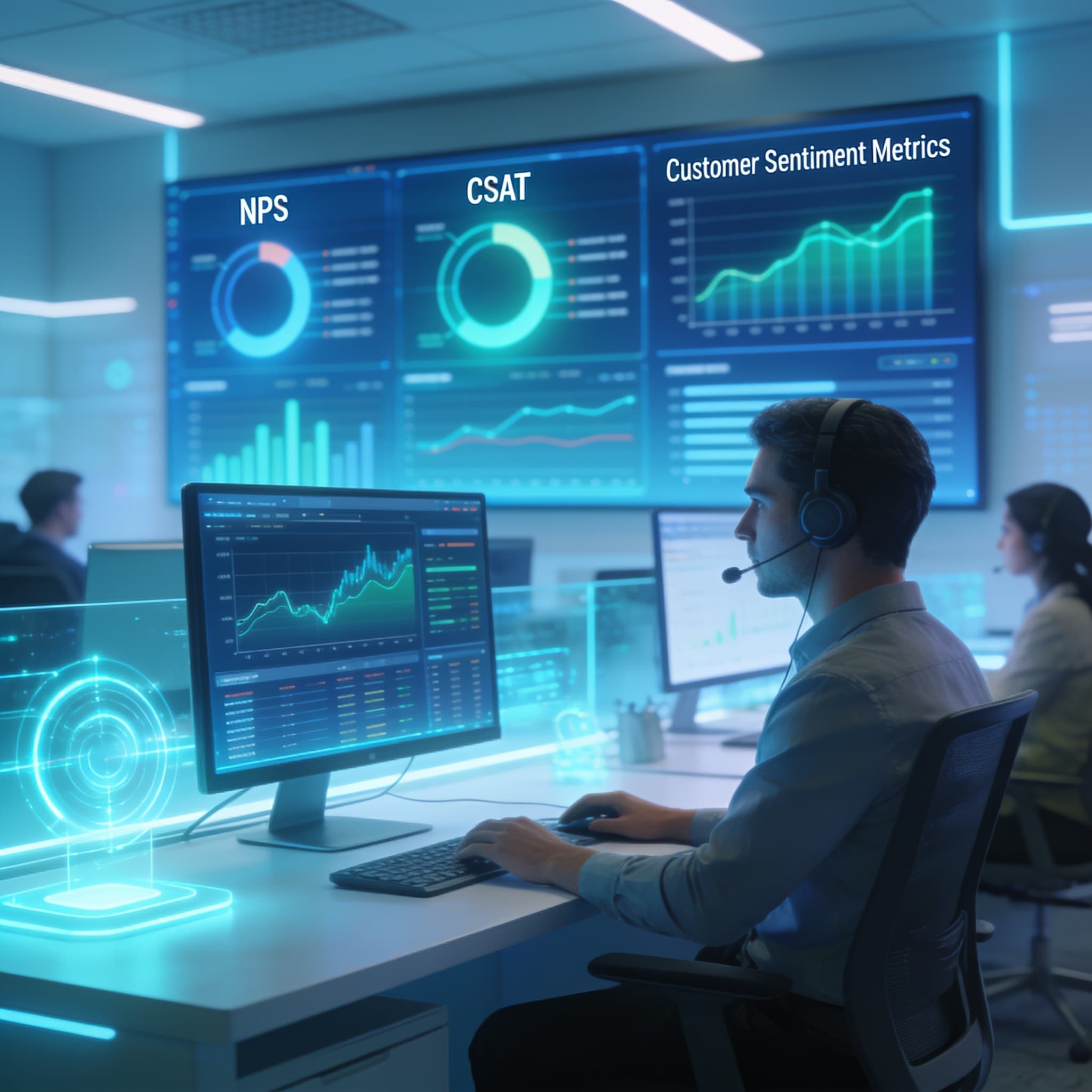 Futuristic contact center with analytics dashboards visualizing performance metrics