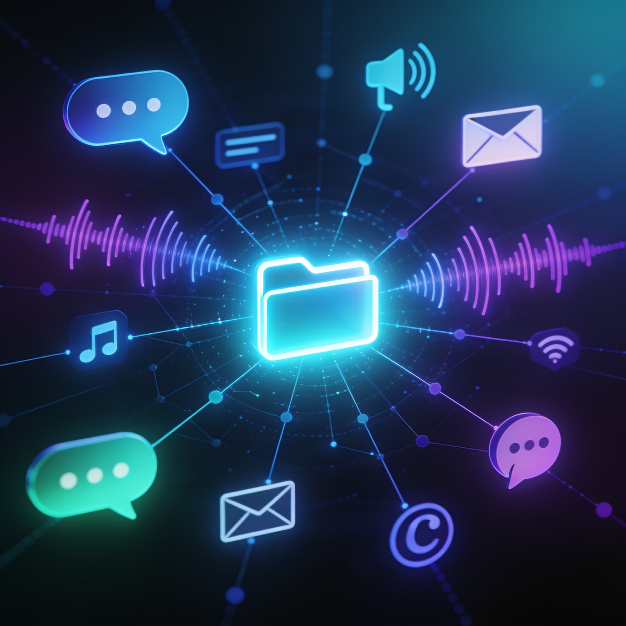 Futuristic visual of connected digital conversation channels converging into one intelligent core, representing conversational AI in 2026.
