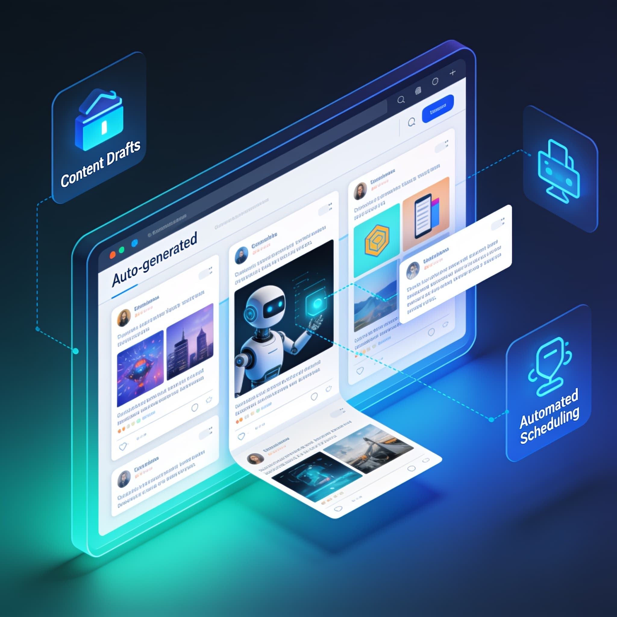 Illustration of AI automatically generating social media posts and captions in a digital workspace.