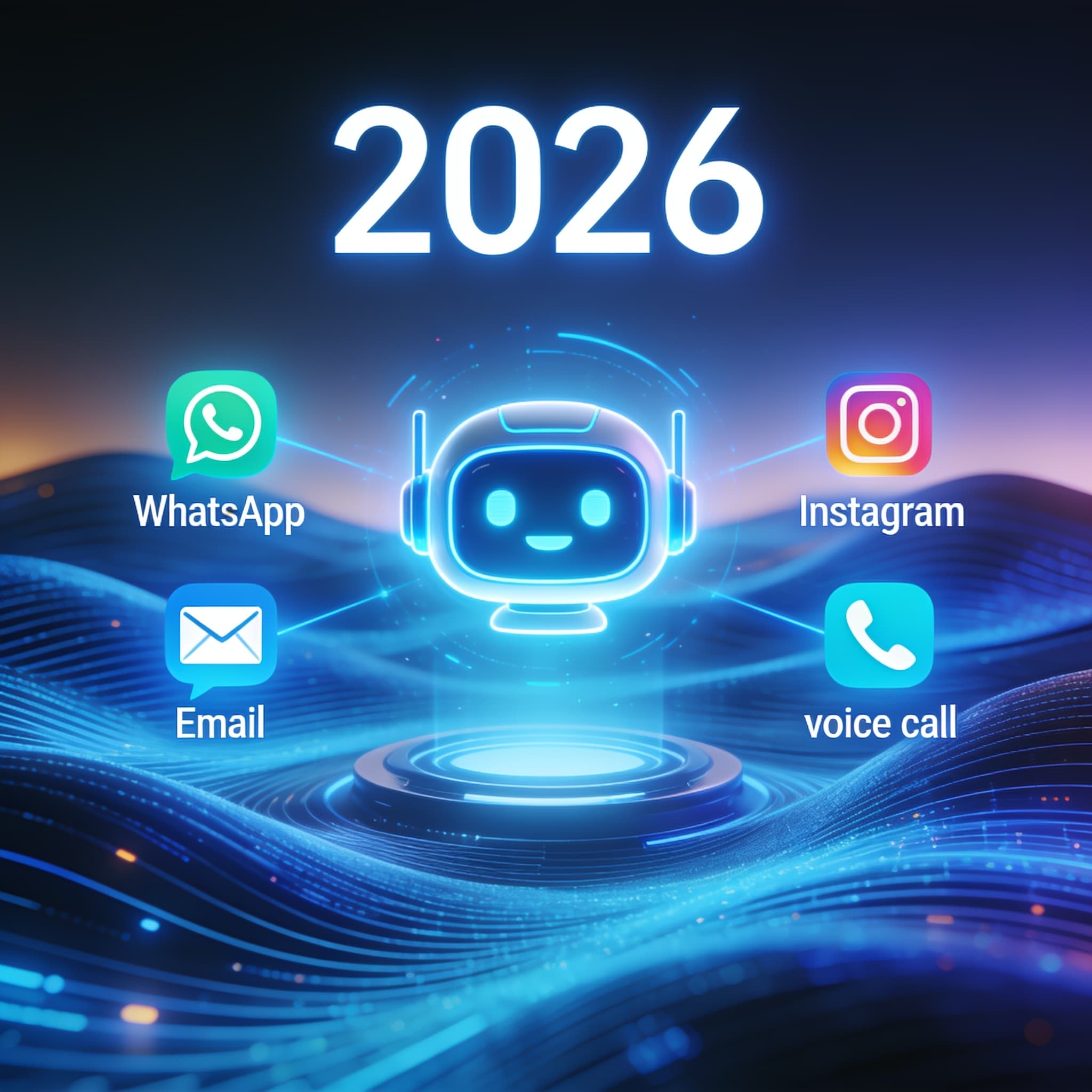 Futuristic depiction of AI chatbot technology across multiple communication channels in 2026.
