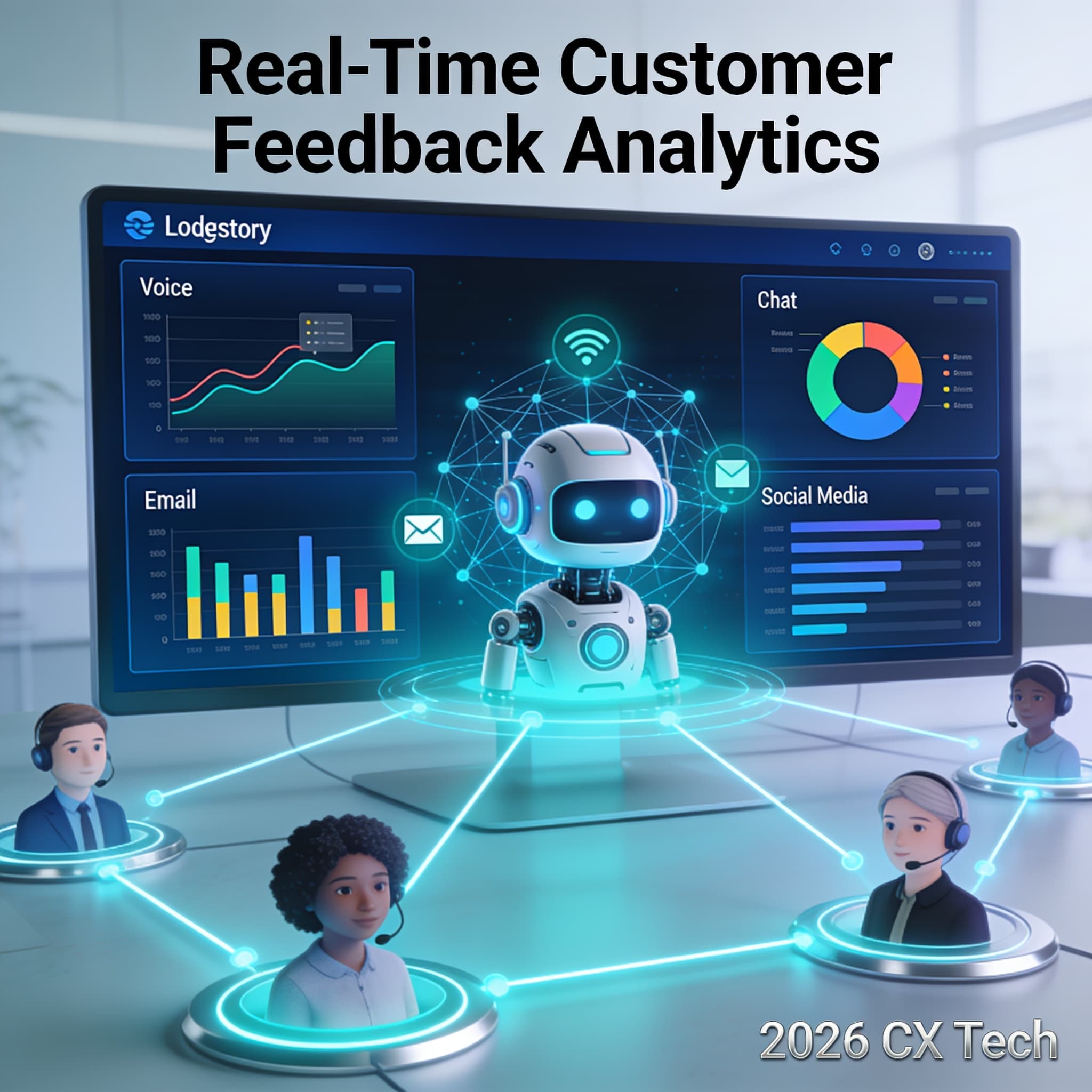 Futuristic digital dashboard showcasing real-time customer feedback and AI insights across multiple communication channels.