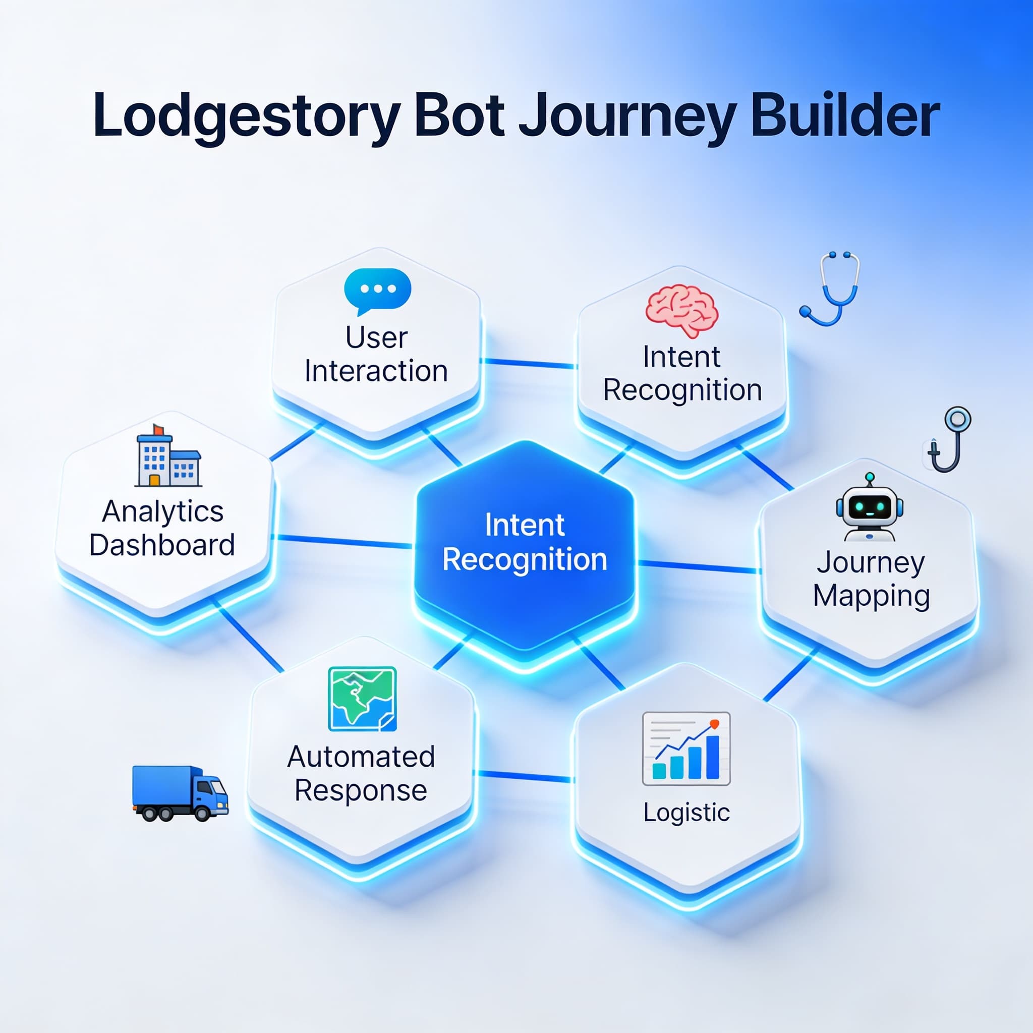 Conceptual illustration of AI chatbot automation flows across multiple industries using interconnected workflow nodes.