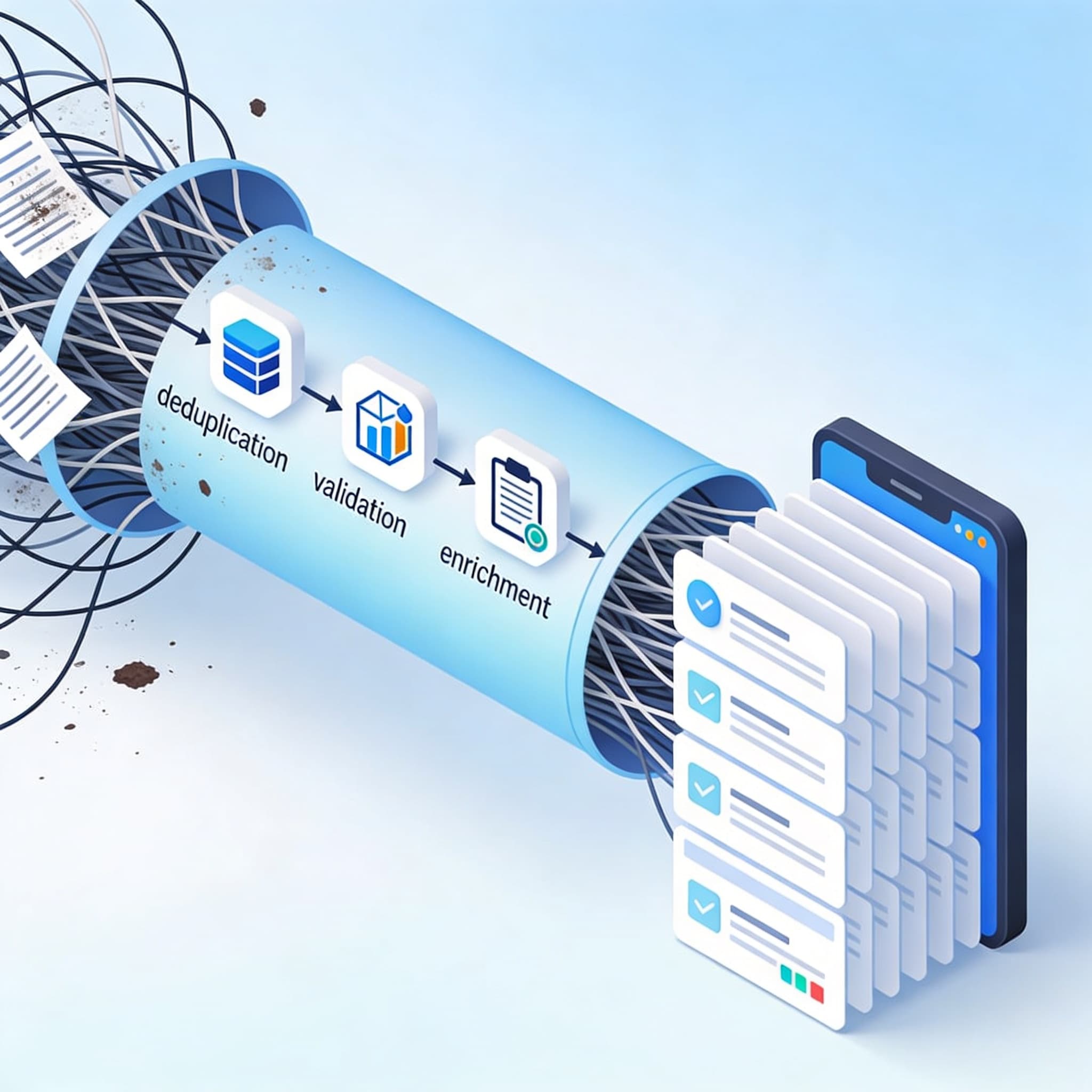 Isometric concept of a data cleansing pipeline transforming messy input data into structured, validated CRM records.