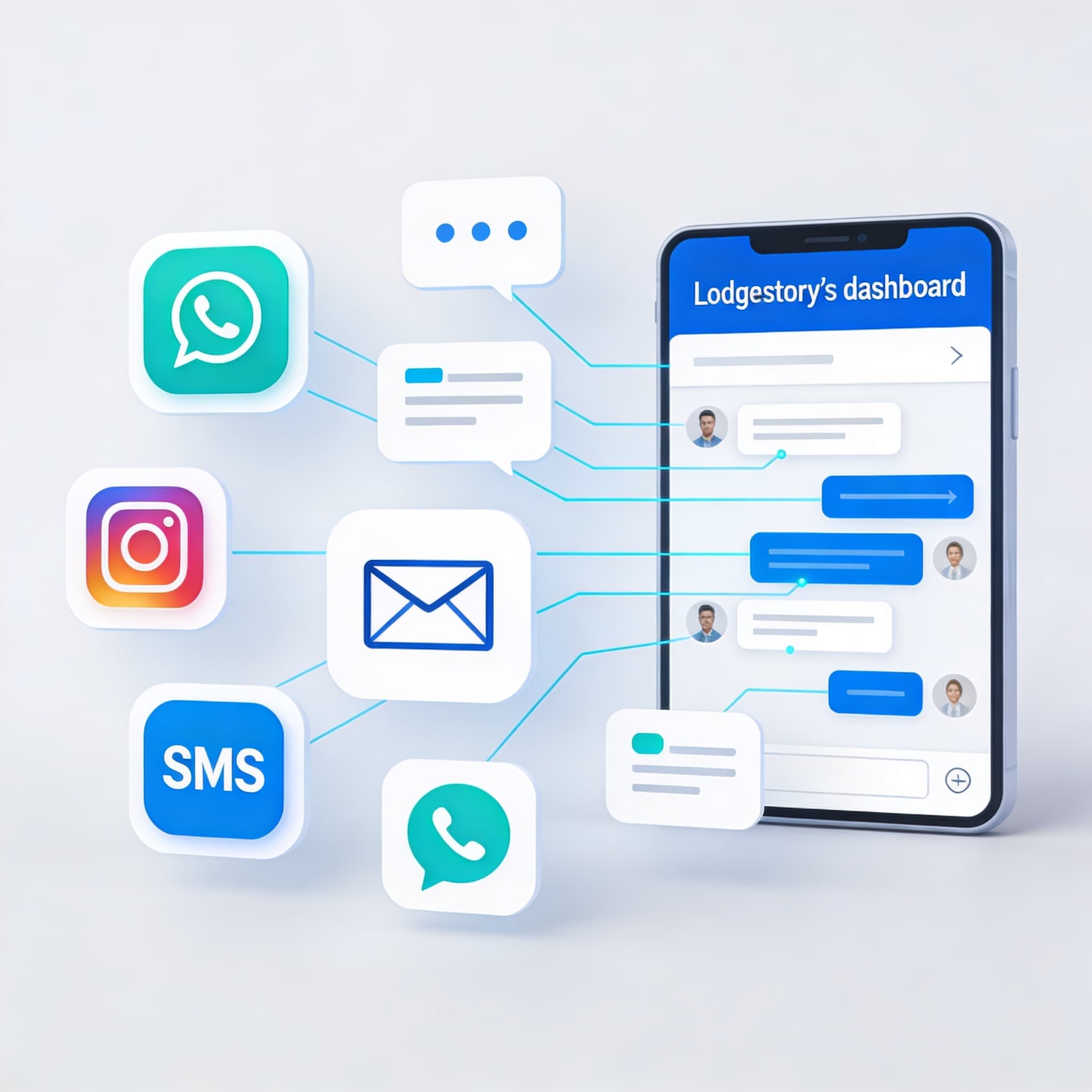 Illustration showing unified inbox integrating WhatsApp, Instagram, Email, SMS, and Voice channels.