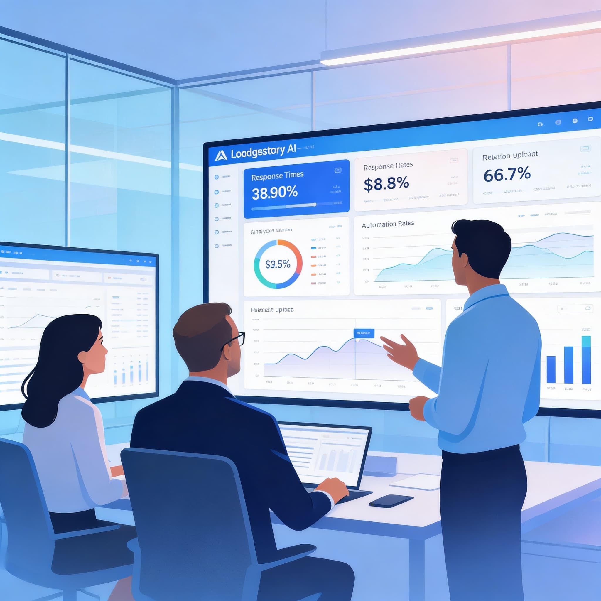 Business team analyzing CRM analytics and automation data on digital screens