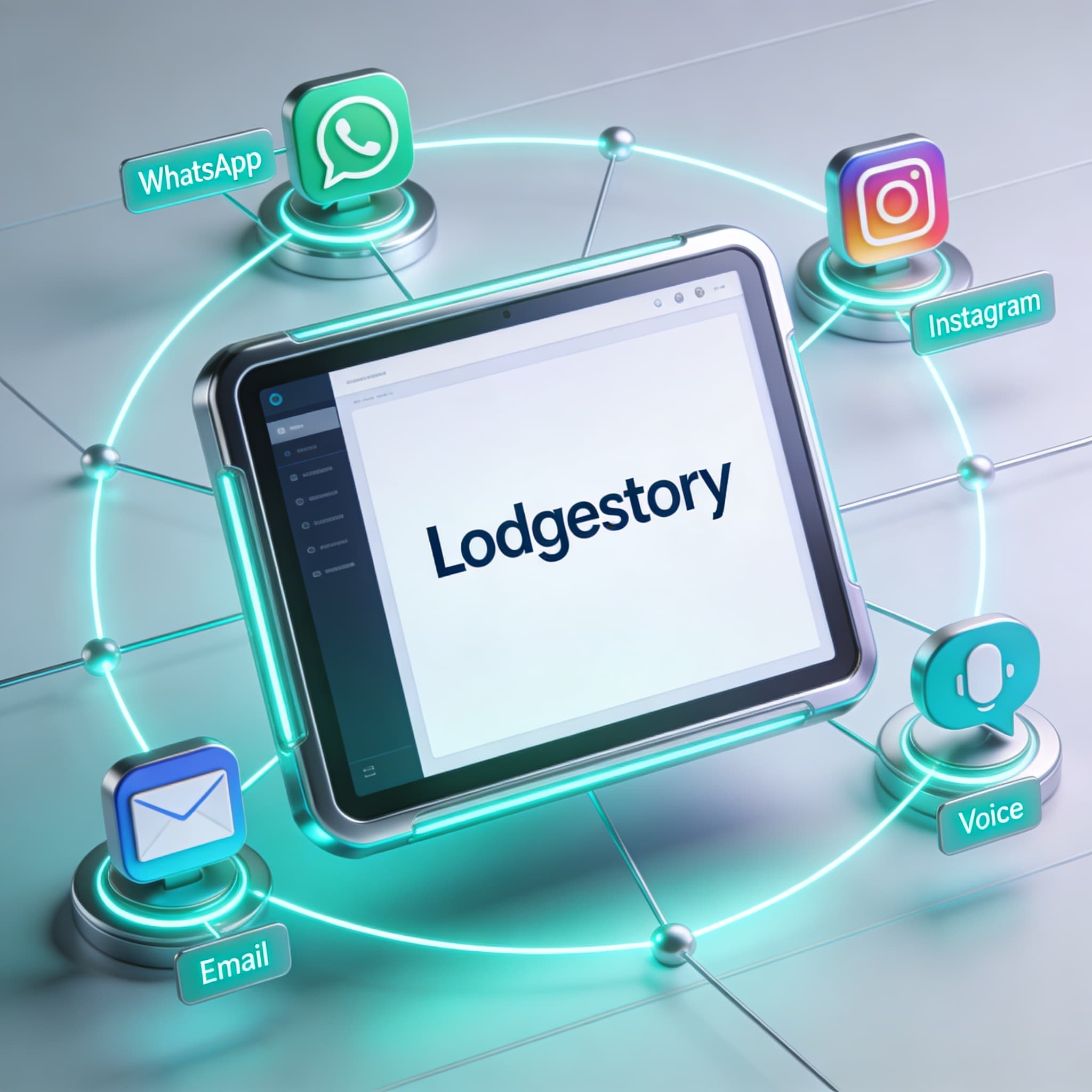 Digital concept of Lodgestory’s unified communication dashboard integrating WhatsApp, Instagram, email, and voice in one ecosystem.