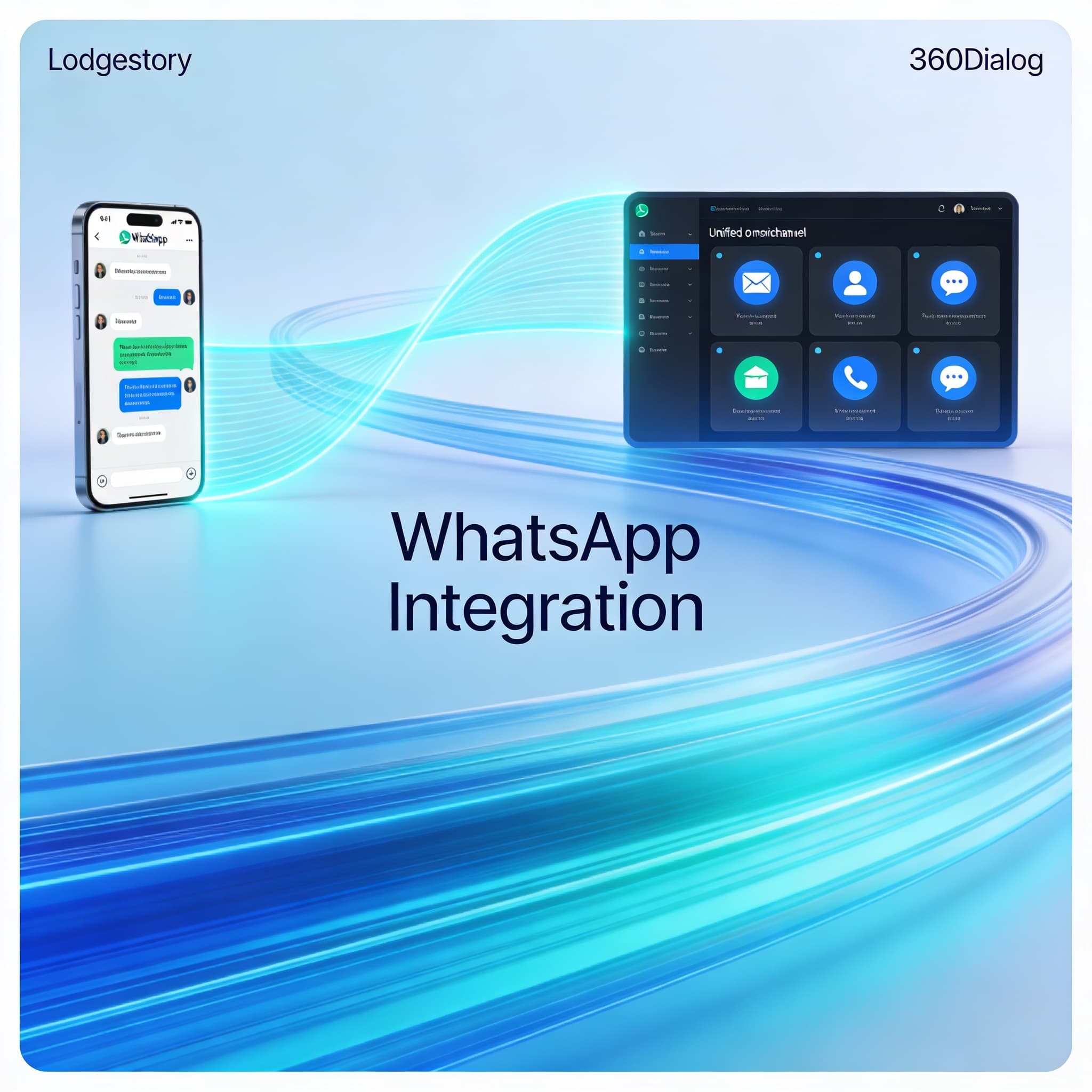 Illustration symbolizing Lodgestory and 360Dialog integration with WhatsApp, showing connected digital channels and automation flow
