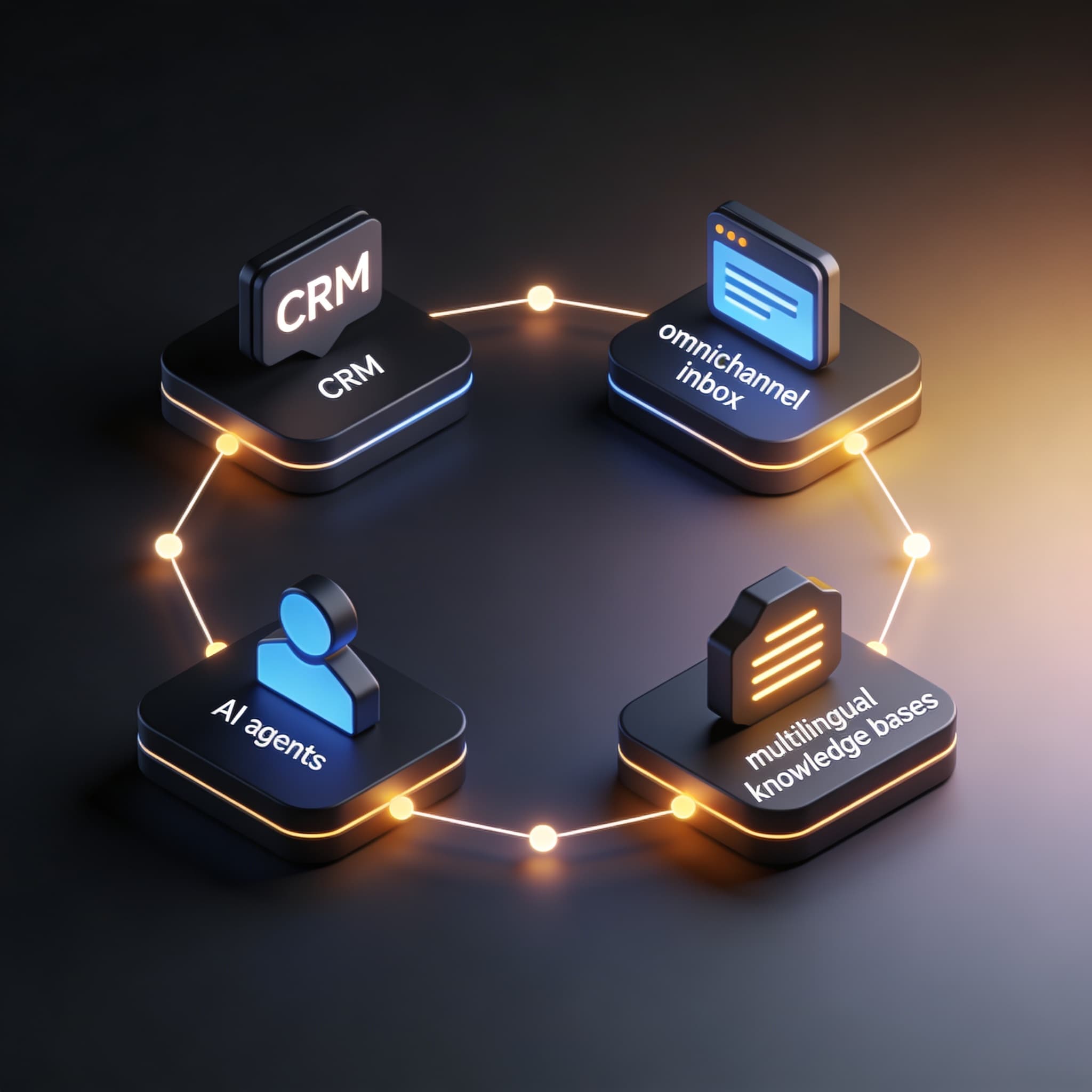 Diagram of Lodgestory’s architecture linking CRM, omnichannel inbox, AI agents, and multilingual knowledge base modules