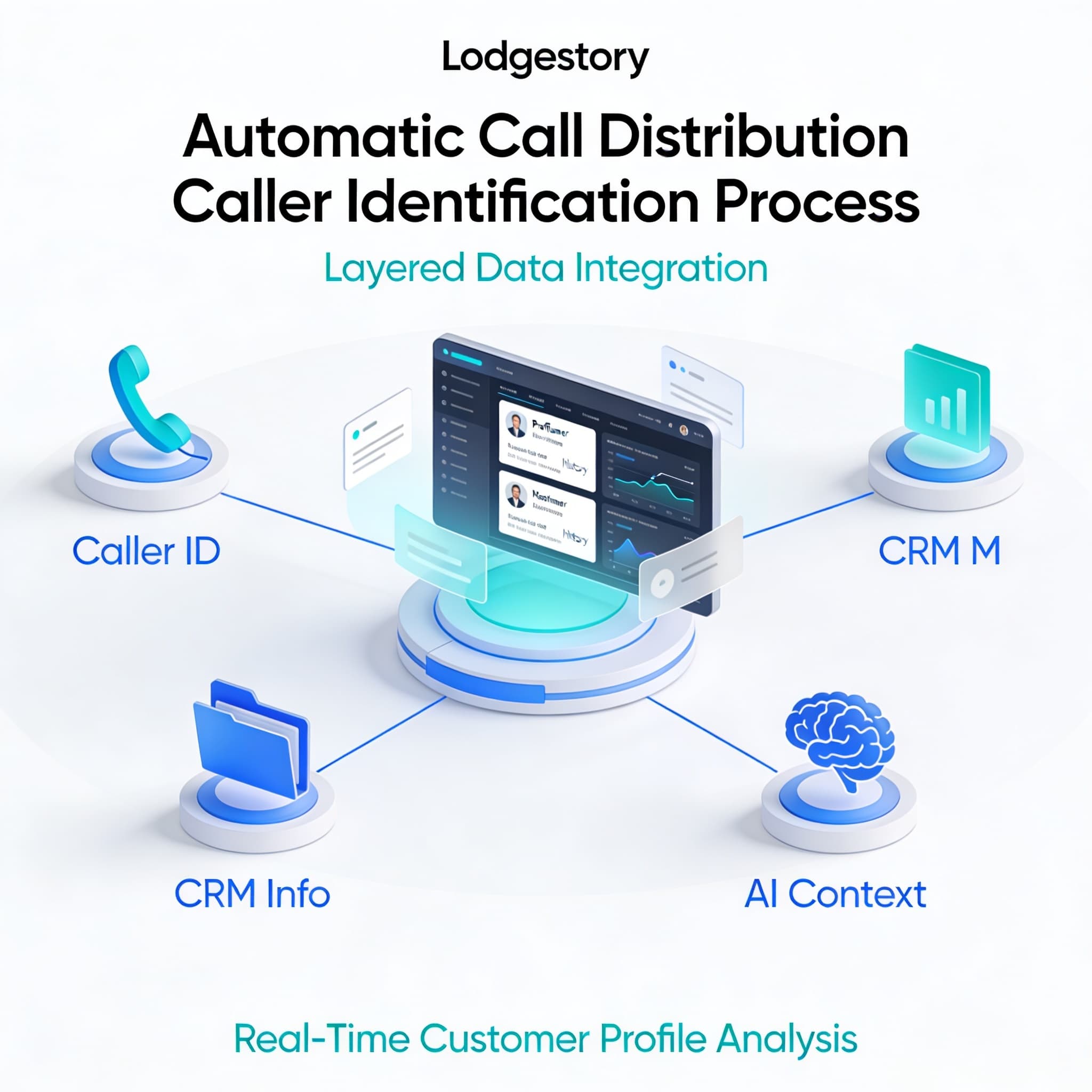 Illustration showing data layers and AI analytics identifying a caller through CRM and historical context.