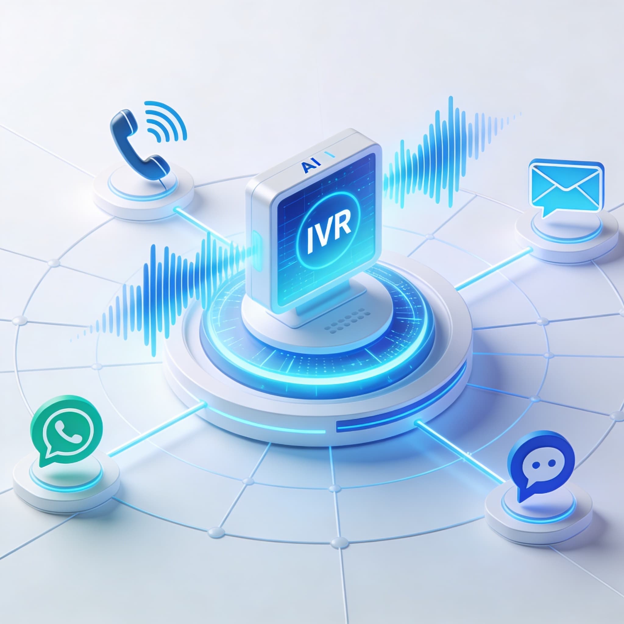 Modern AI-powered IVR system connecting different communication channels in a futuristic digital network.