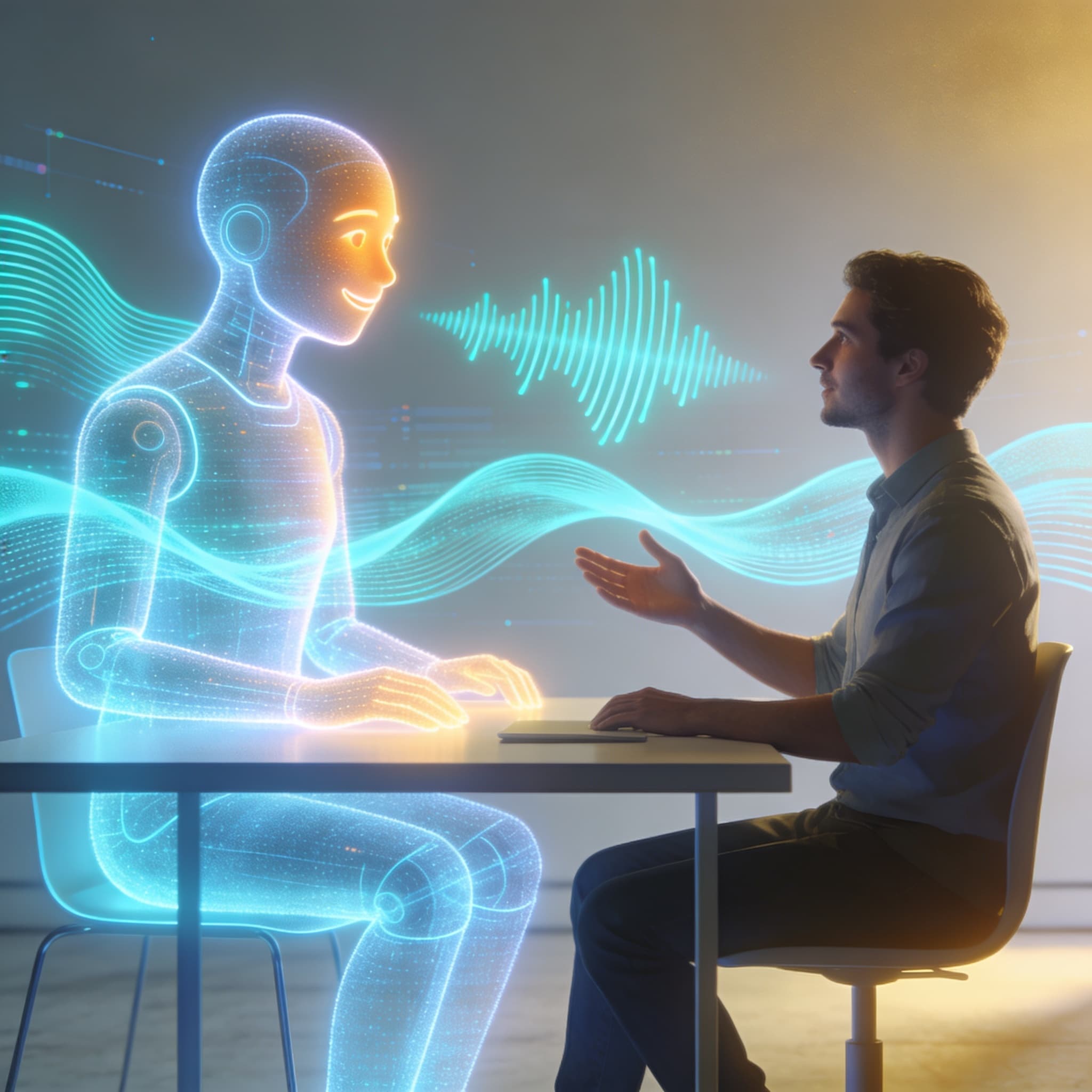 AI voice assistant hologram interacting with a user, symbolizing humanized automation in voice and chat customer experience.