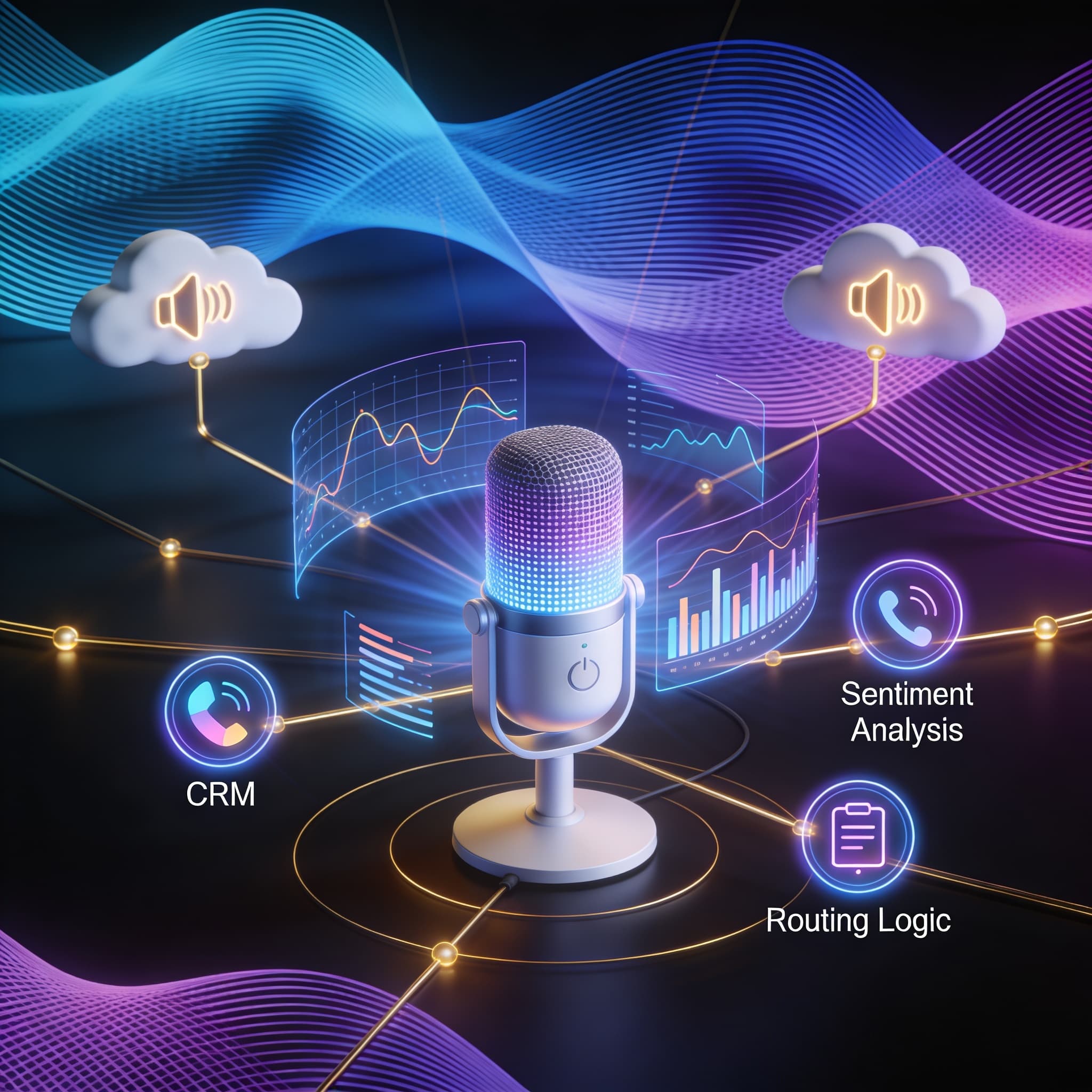 AI voice automation visualization with data flow and call routing connections for customer communication.